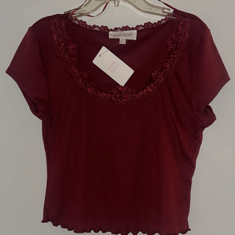 Pink Rose Ribbed Lace Trim Top – Large – NWT